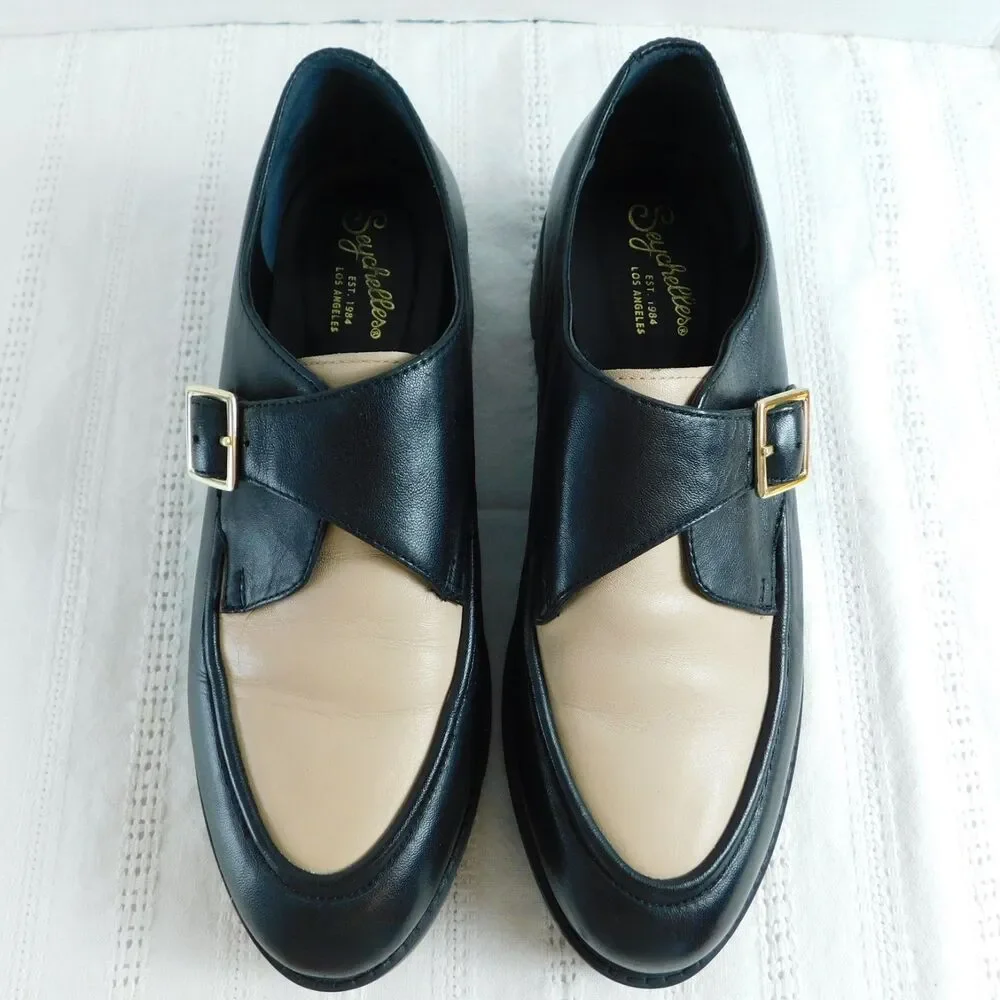 Seychelles Leather Loafers 7.5 Catch Me Black Cream Buckle Shoes Womens Retro